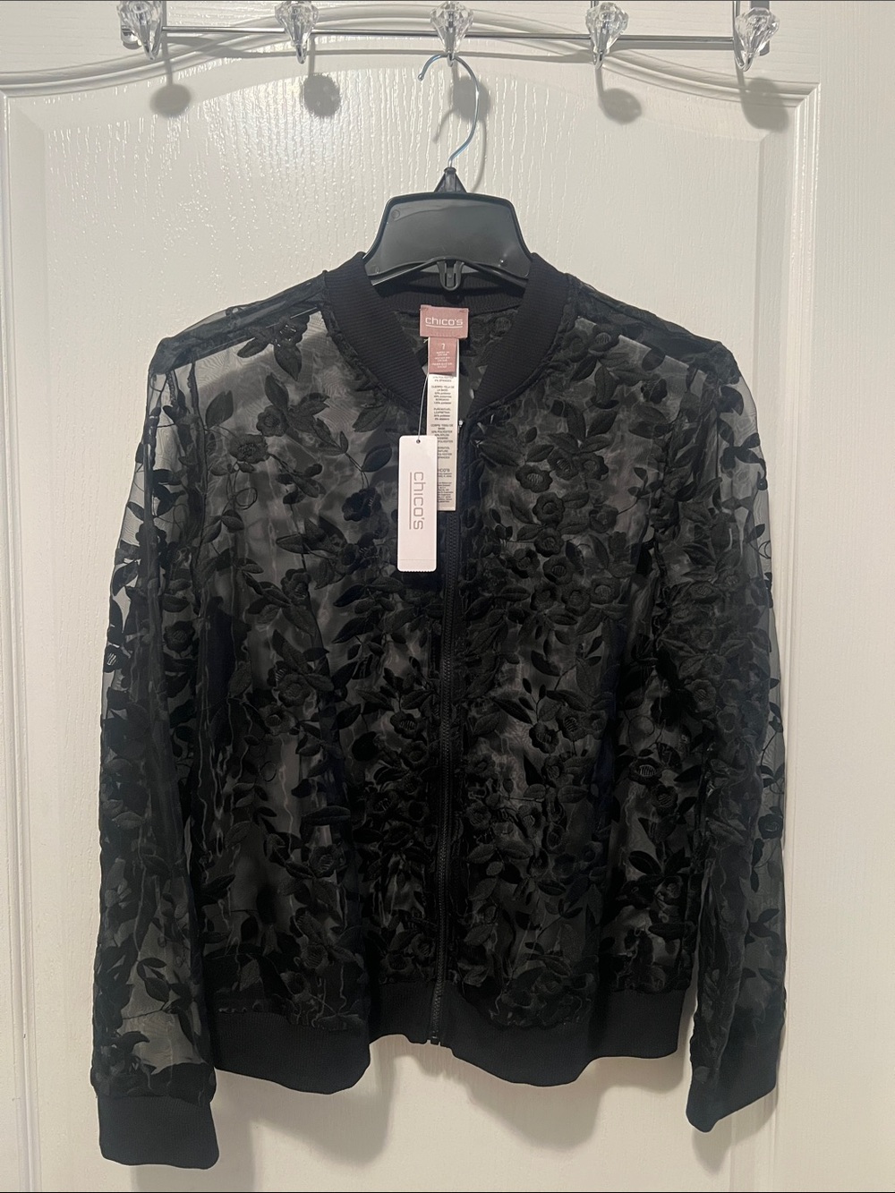 NWT Chico's Black Floral Sheer Bomber Jacket. Chico’s size 1. Totally cute!